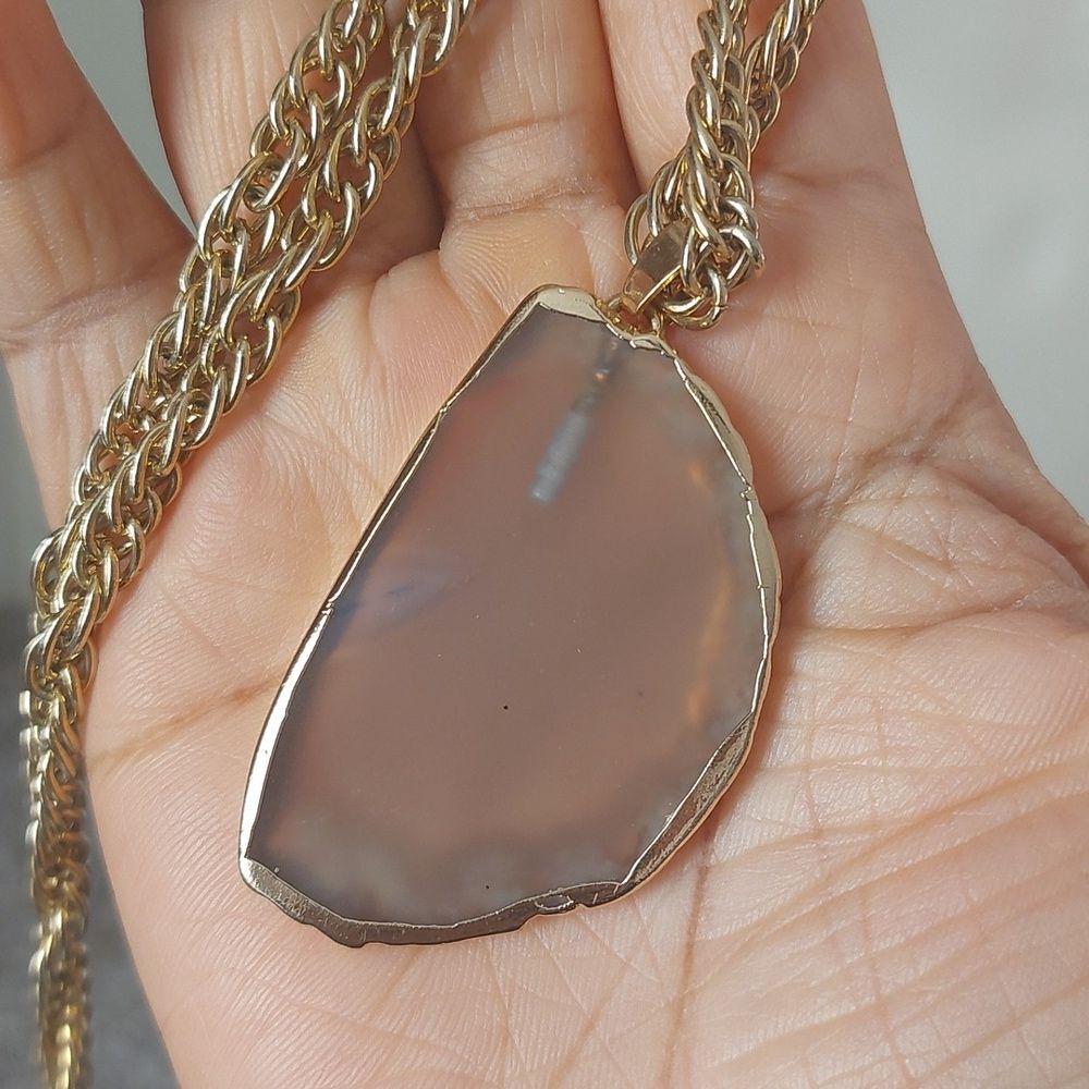 Natural Agate Slab Gold Gilded Pendant On Gold Tone Twist Chain Necklace - Picture 6 of 7